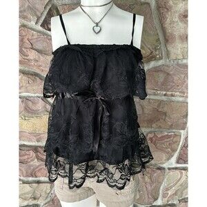 Black Lace Top Womens M  Sheer Floral Overlay Half Sleeve Blouse Layered Y2K